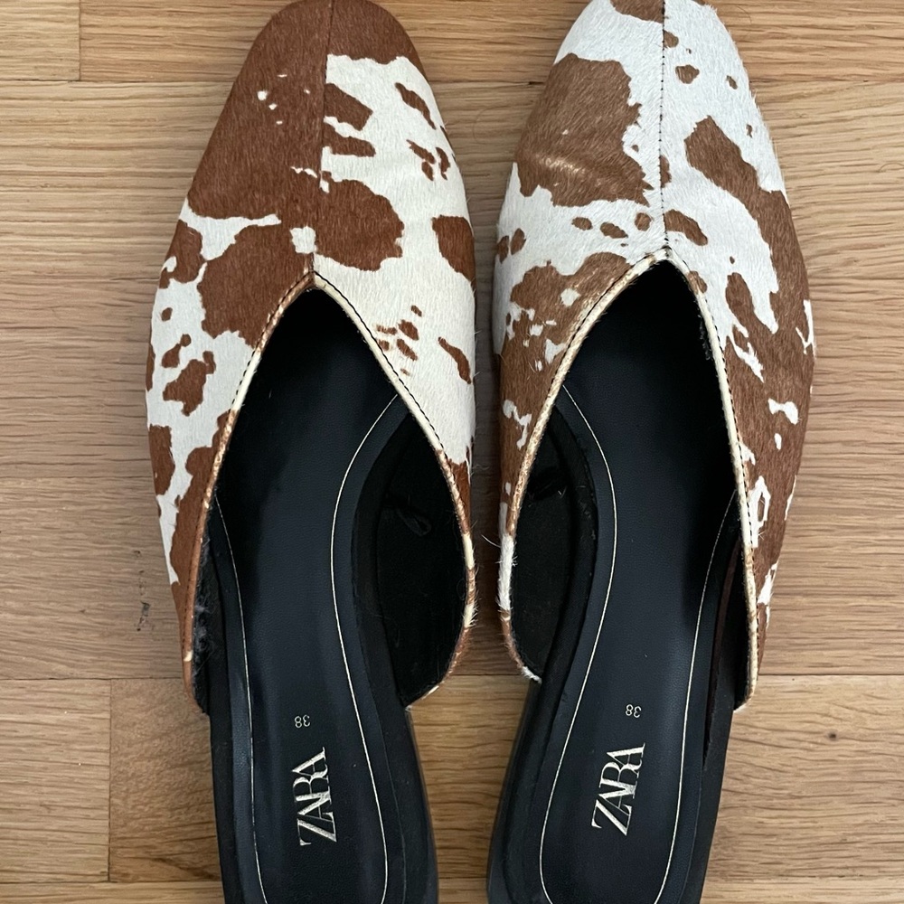 ZARA Brown & White Cow-Print Pointed Mules